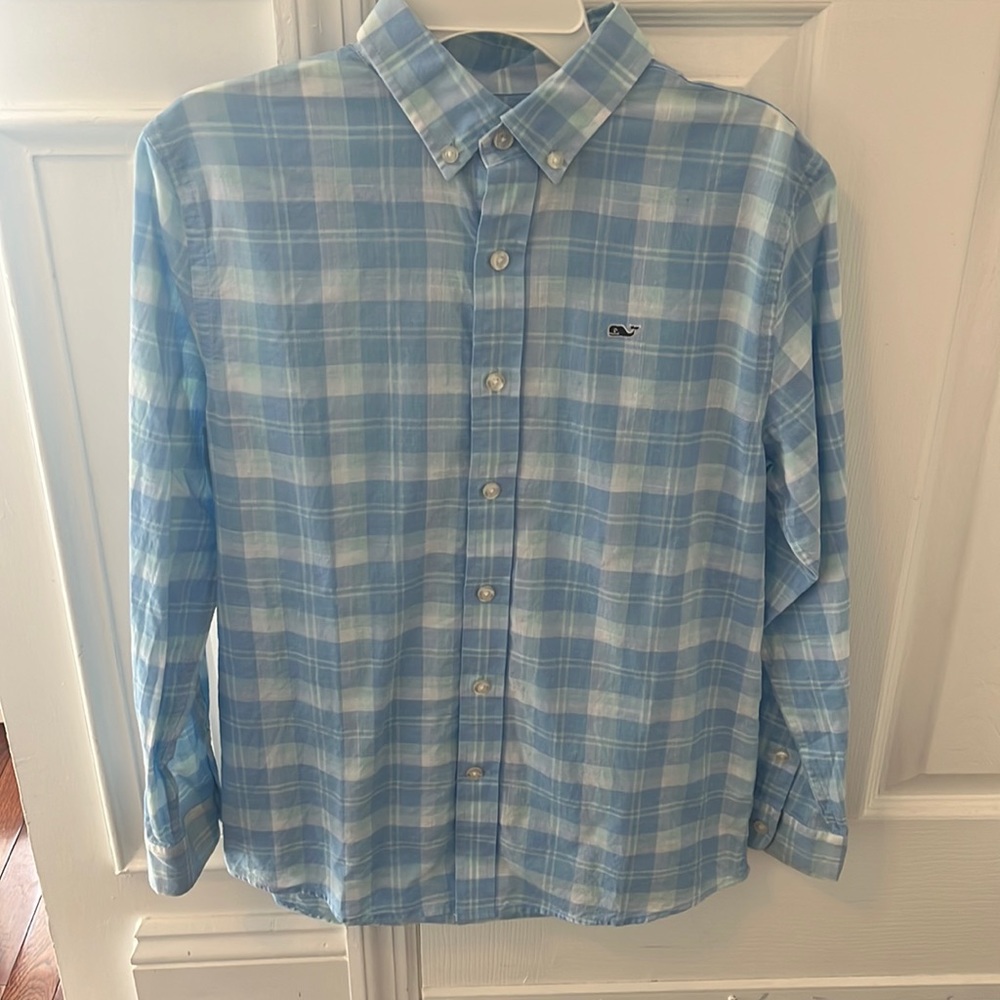 Vineyard Vines Boys Long Sleeve Whale Shirt Sz M (12-14) Blue Plaid